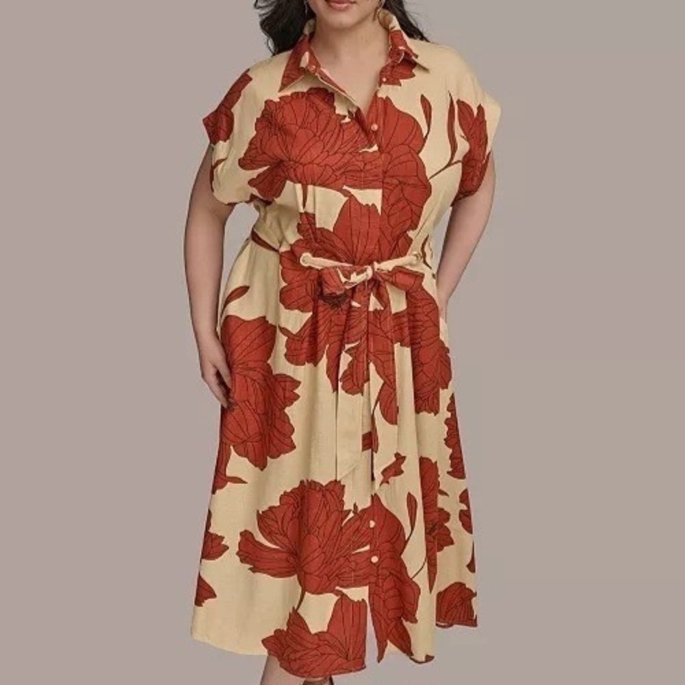 Donna Karan NY Belted Collared V Neck Floral Shirtdress Womens Size 22W NWT